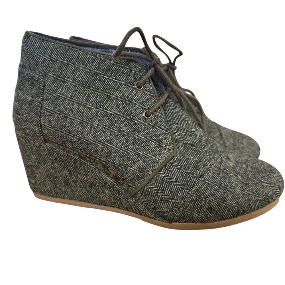 Toms Desert Wedge Herringbone Bootie Ankle Boots Shoes Brown Lace Up Fabric sz 8